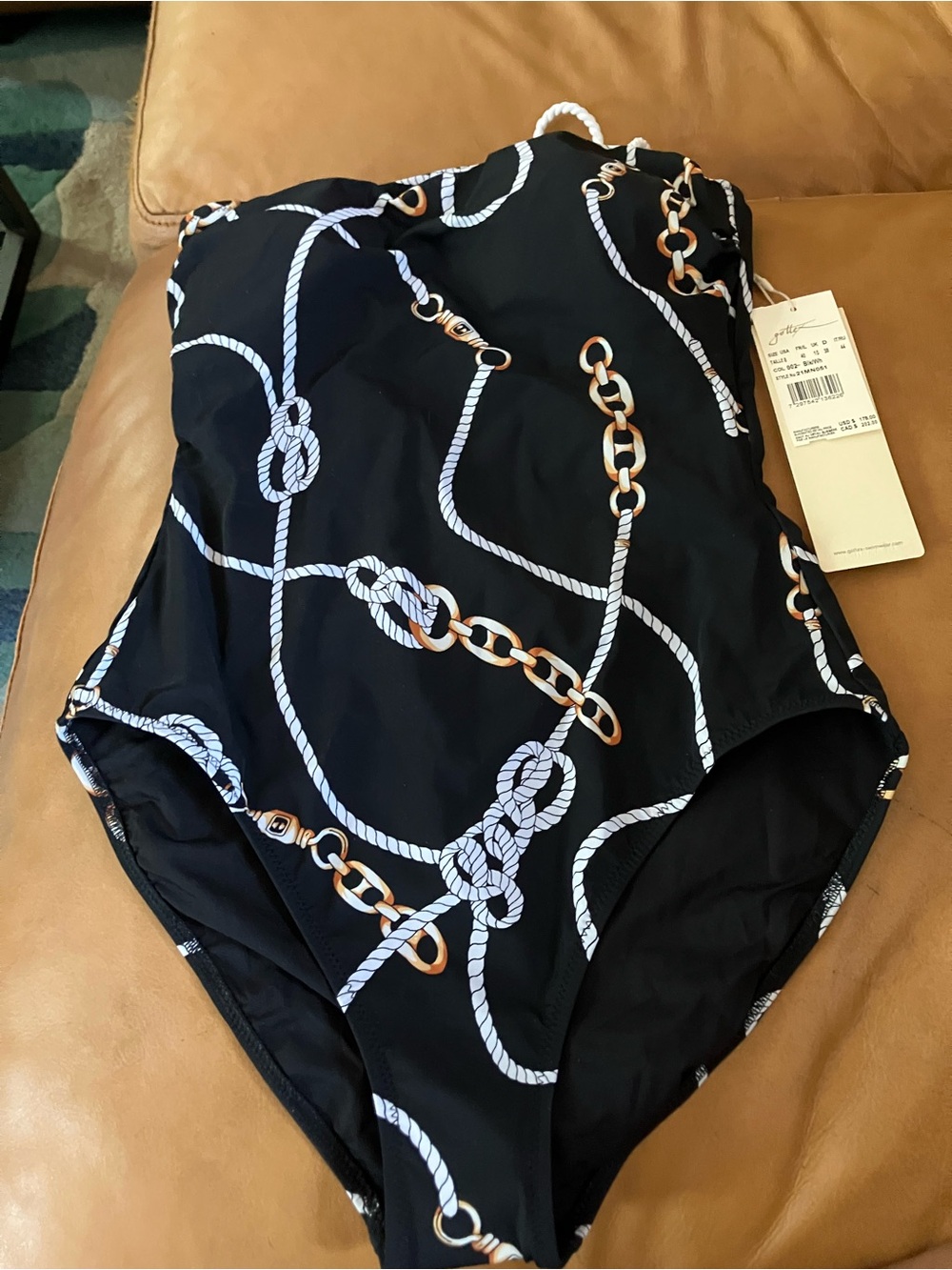 Gottex Black One-Piece Swimsuit with White & Gold Rope Print